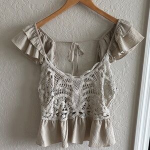 Milk & Honey Beige Crochet Peplum Blouse Sz XL